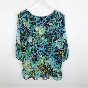 Lane Bryant Tropical Blue Green Ruffle Blouse Top